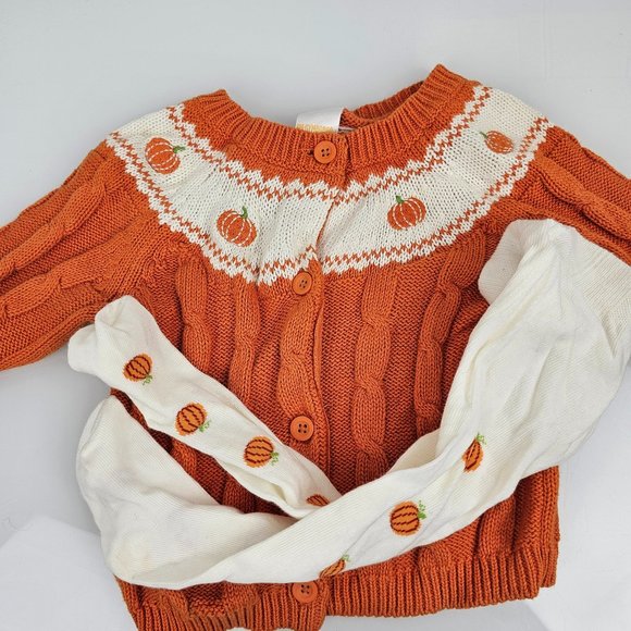 Vintage Gymboree Fair Isle Cardigan Sweater Tights Halloween Fall Orange Pumpkin - Picture 1 of 4